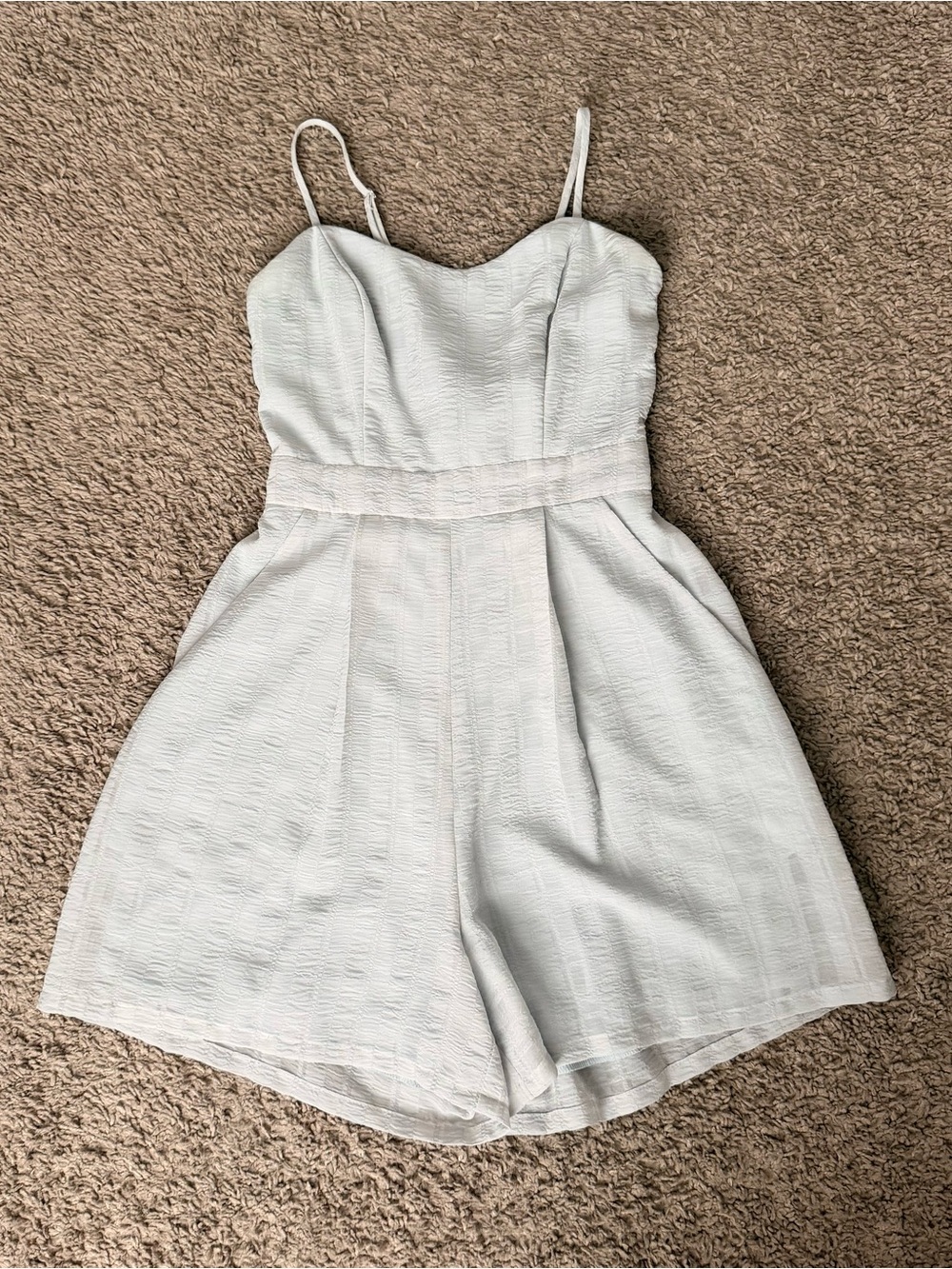 Powder Blue Textured Sweetheart Romper with Spaghetti Straps